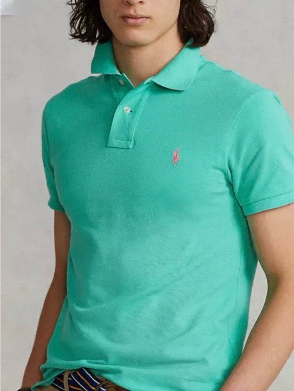 Polo by Ralph Lauren Men's Aqua Polo Shirt with Pink Logo